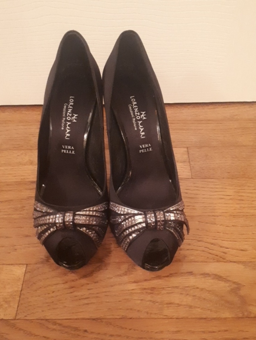 lorenzo Mari Black Peep-Toe Heels with Rhinestone Bow Accent